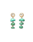 Pair of earrings with turquoise stones and pearl-like tops on a white background