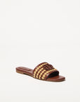 Brown slide sandal with woven design on a white background