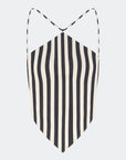 Black and white striped swimsuit on a light gray background