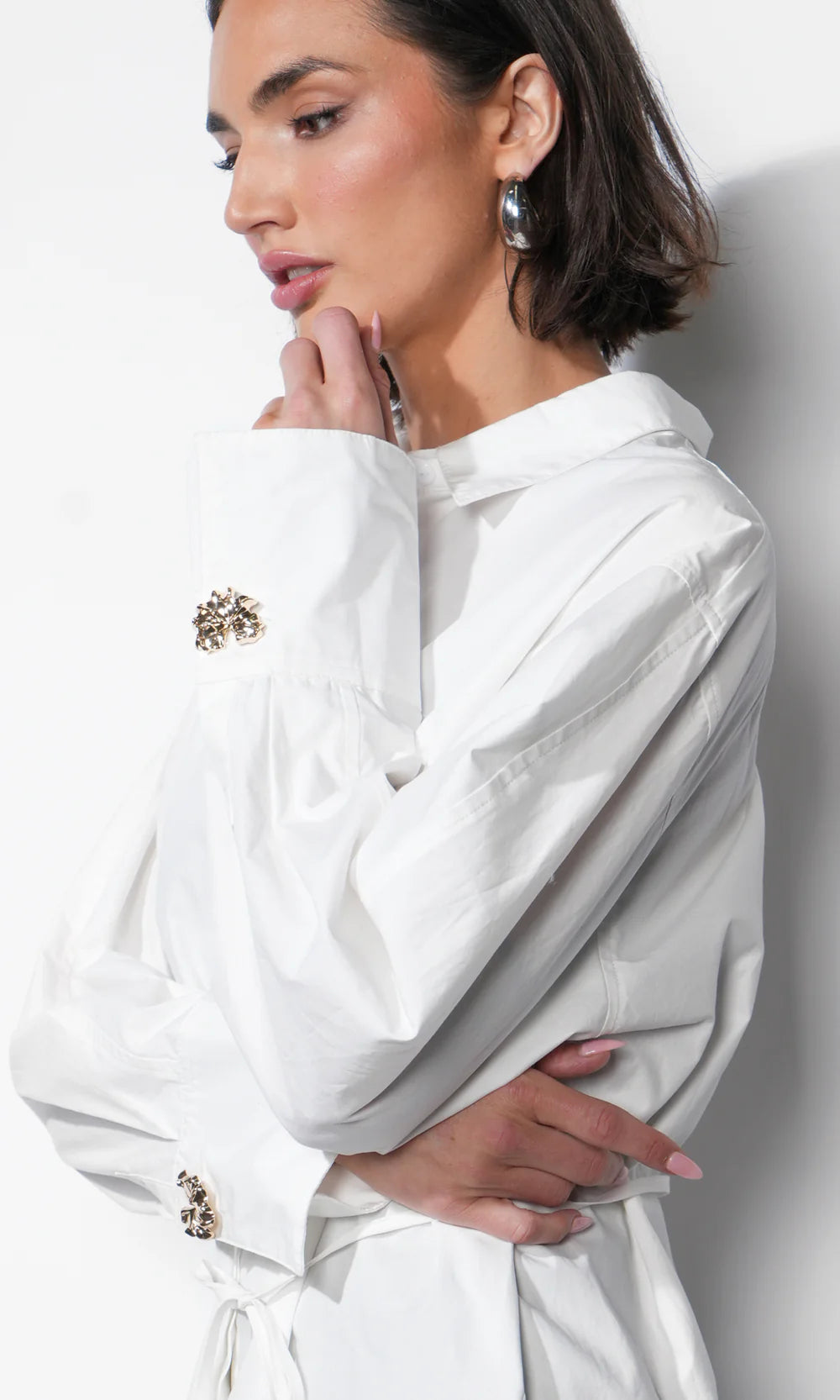 Charolette Oversized Button Up Shirt close up leaf button detail