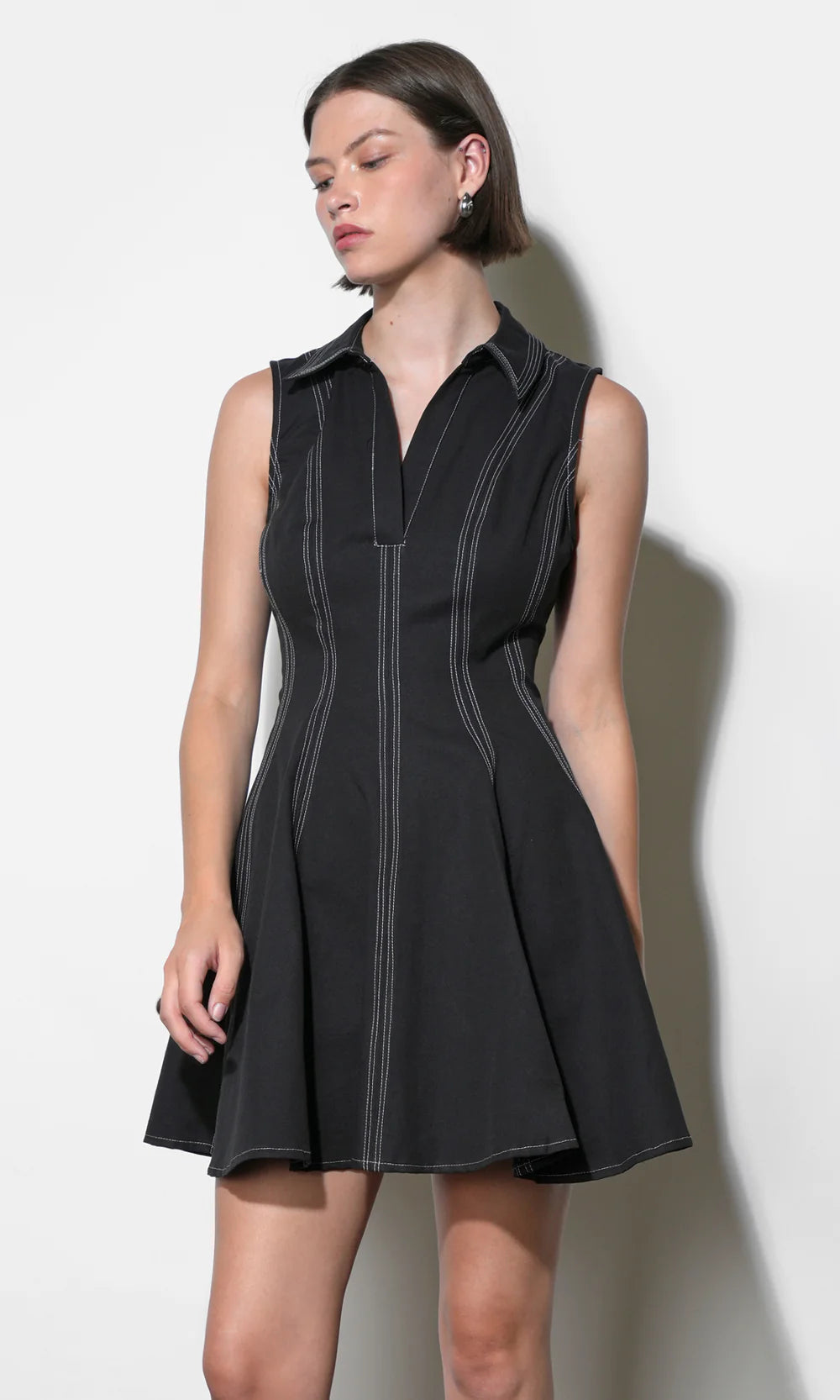 greylin sydney cotton-linen collared sleeveless mini dress Sydney Topstitch Flare Mini Dress S / Black