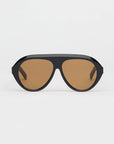 Sunglasses with brown lenses and black frame on a white background