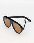 Black sunglasses with brown lenses on a white background