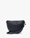 A dark navy woven leather crescent-shaped shoulder bag with a matching strap and gold-tone hardware, shown on a clean white background.