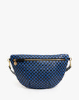 Blue and black checkered bag with gold zipper on a white background