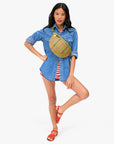 Grande Fanny in Olive Multi Woven front view on model with hand on hip and leg up
