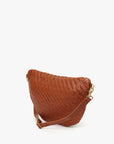 Brown woven handbag with a gold clasp on a white background
