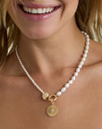 Groovy Diamond Seashell Big Bead 14k Yellow Gold on necklace on model