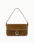 A brown suede shoulder bag with a flap front, decorative whipstitching, and a silver-tone crescent moon clasp, shown against a plain white background.