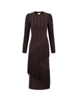 A dark brown long-sleeve knit dress with vertical ribbed texture, a crew neckline, and a cascading fringe detail along the front and hem, shown against a plain white background.