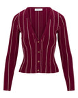 Maroon cardigan with white stripes on a white background