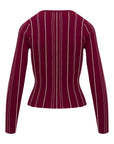 Maroon cardigan with white vertical stripes on a white background