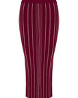 Maroon pencil skirt with white vertical stripes on a white background