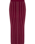 Maroon pencil skirt with white vertical stripes on a white background