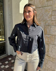 Renata Embellished Crop Button Down in Black