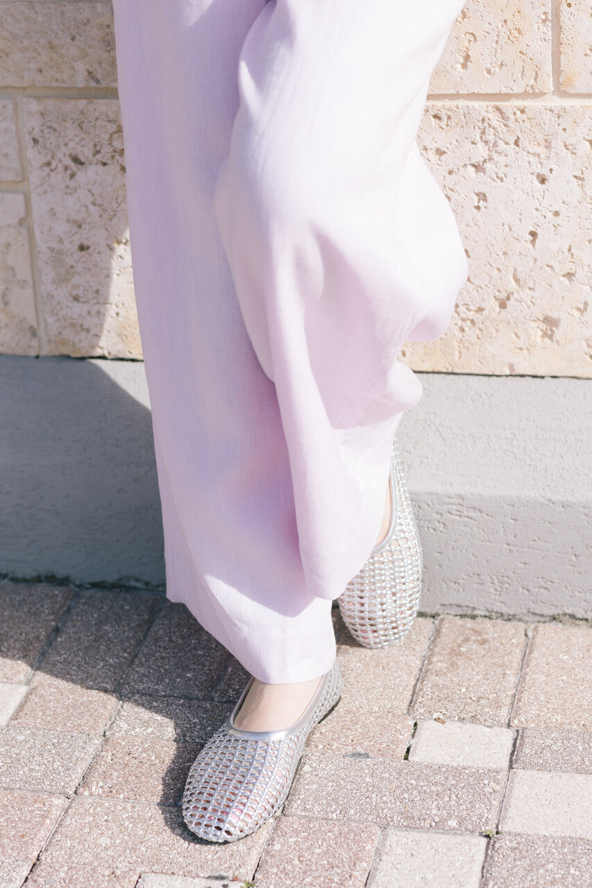 Simon Miller Chrome Woven Riad Flat on model