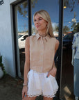 Hevron Katja Sleeveless Button Down Top in Wheat front