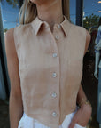 Hevron Katja Sleeveless Button Down Top in Wheat front close up