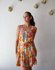 June Print Mini Dress close up front view on model