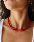 Graduated Coral Gemstone Necklace closer up front view on model