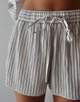Brixen Stripe Short front view extreme close up on model