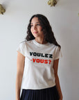 Classic Tee - Voulez-Vous close up front view on model