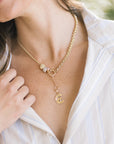Half & Half Rolo Lariat Necklace with big beads and E charm