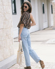 Erin One Shoulder Top and Luna High Rise Pieced Taper (Weightless) side/back view