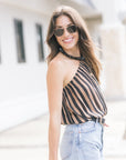 Erin One Shoulder Top side view with Zander Fold 18K Crystal Polarized Sunglasses