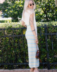Connelly Stripe Midi Dress side/back with sweater over shoulders