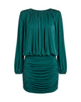 A dark teal green two-piece set consisting of a long-sleeve top with a gathered, pleated bodice and a matching ruched mini skirt, shown against a plain white background.