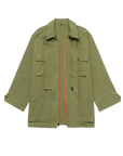 The Quilted Liner Parka green coat without the brown fur collar and without the red quilted interior on a white background