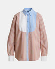 Striped shirt with a blue collar and pink and white striped body on a light gray background