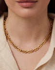 Gold chain necklace worn by model