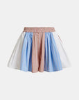 Shorts with pastel color block pattern on a white background
