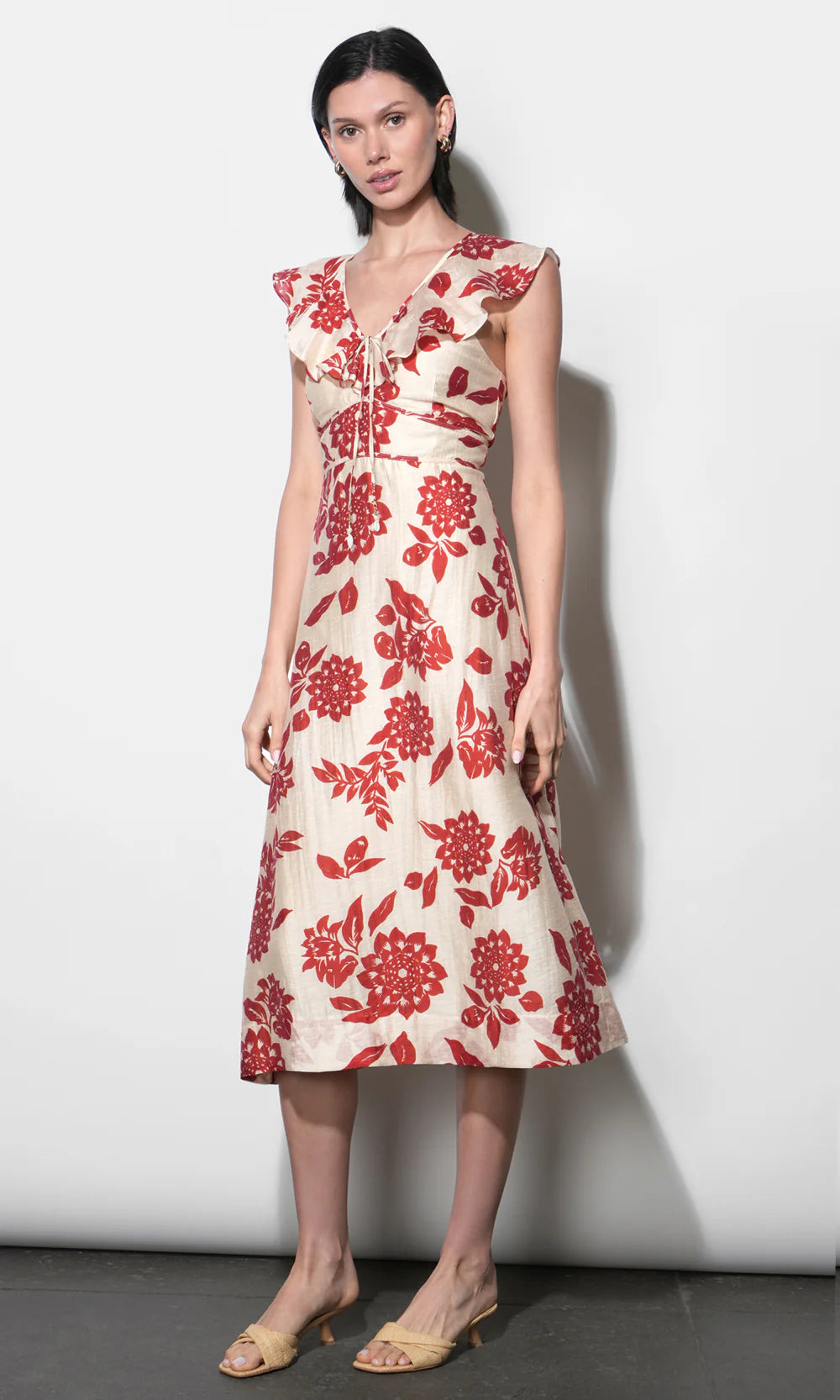 red floral flutter sleeve midi dress Jacqueline Flutter Sleeve Midi Dress S / CREAM/RED