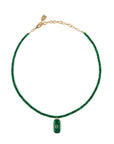 Green beaded necklace with a gold clasp on a white background