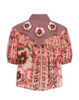 A short-sleeve button-up shirt with a pink floral print and a red-and-white gingham collar, shown against a plain white background.