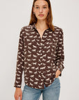 Woman modeling horse printed silk shirt front view