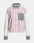 A cropped button-up shirt jacket featuring vertical pink and navy stripes on the body, contrasting solid navy and white striped collar, cuffs, and chest pocket, and solid white striped sleeves.