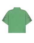 A green short-sleeve button-up shirt shown from the back, featuring dark green embroidered leaf patterns on both sleeves, set against a plain white background.