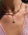 La Pez Jade Fish Bail Charm on gold-plated choker necklace on model