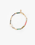 Multicolored beaded bracelet with a gold chain on a white background