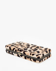 leopard snap closure clutch on a white background