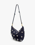Navy blue handbag with gold studs on a white background