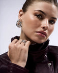 Rhodium Plate Anima Earring front view on model