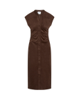A sleeveless brown midi dress with a button-down front, gathered waist, and V-neckline, shown against a plain white background.