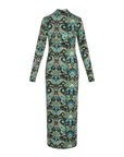 A long-sleeve midi dress with a high mock neck, featuring an intricate paisley and floral pattern in teal, blue, olive green, and white on a dark background.