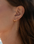 Marlo Threader Earrings on model with huggie hoop