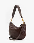 A dark brown woven leather shoulder bag with a matching shoulder strap and gold-tone hardware, shown against a plain white background.